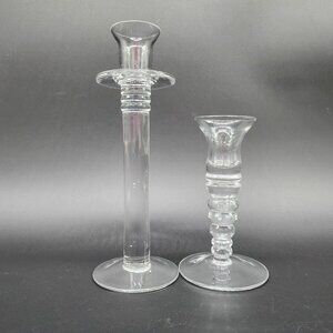 Vintage Clear Glass Candle Holders Geometric Design Set Of 2 UV Reactive